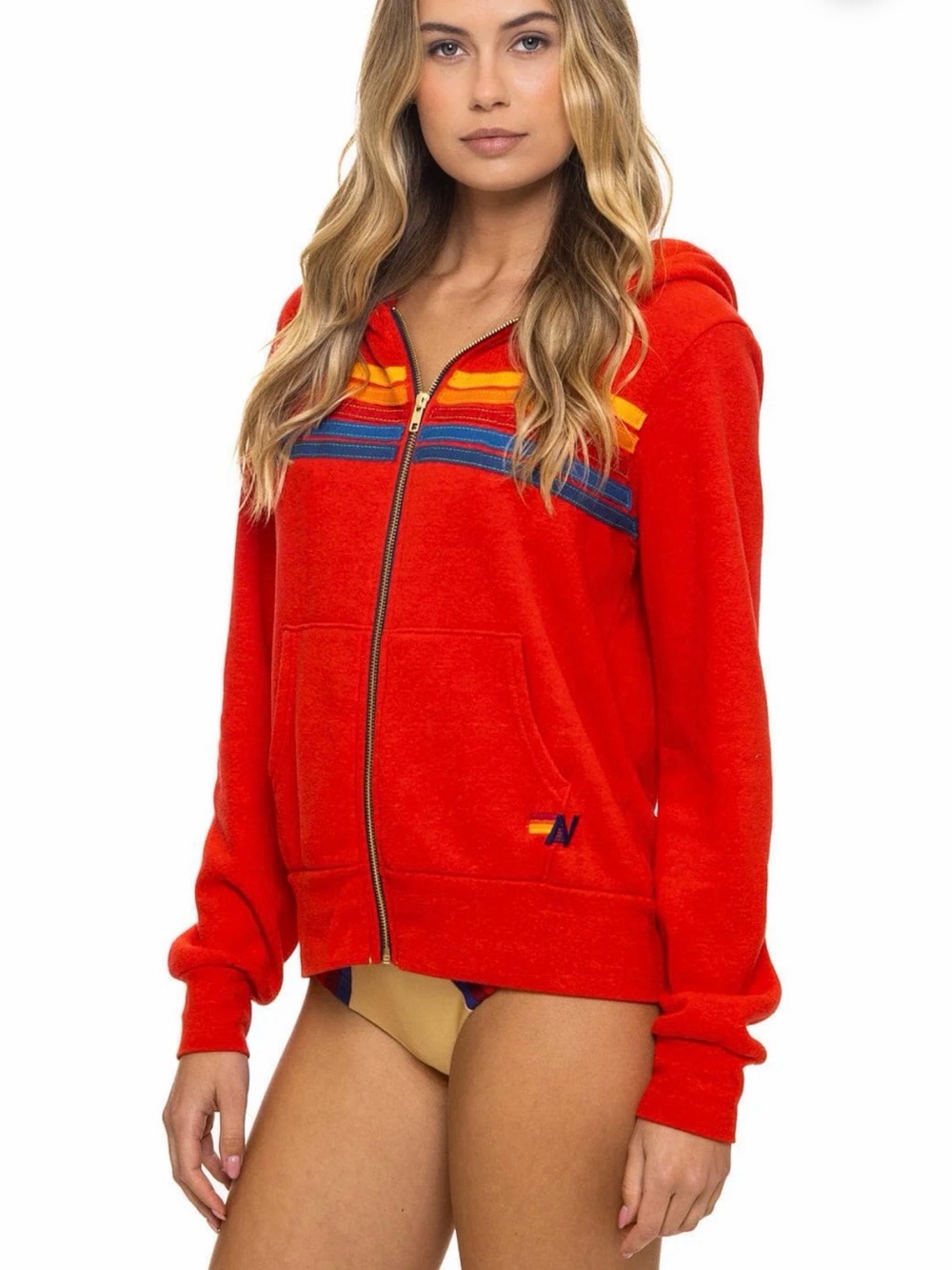 Aviator Nation Red Zip Hoodie with Yellow & Blue Stripe Chest